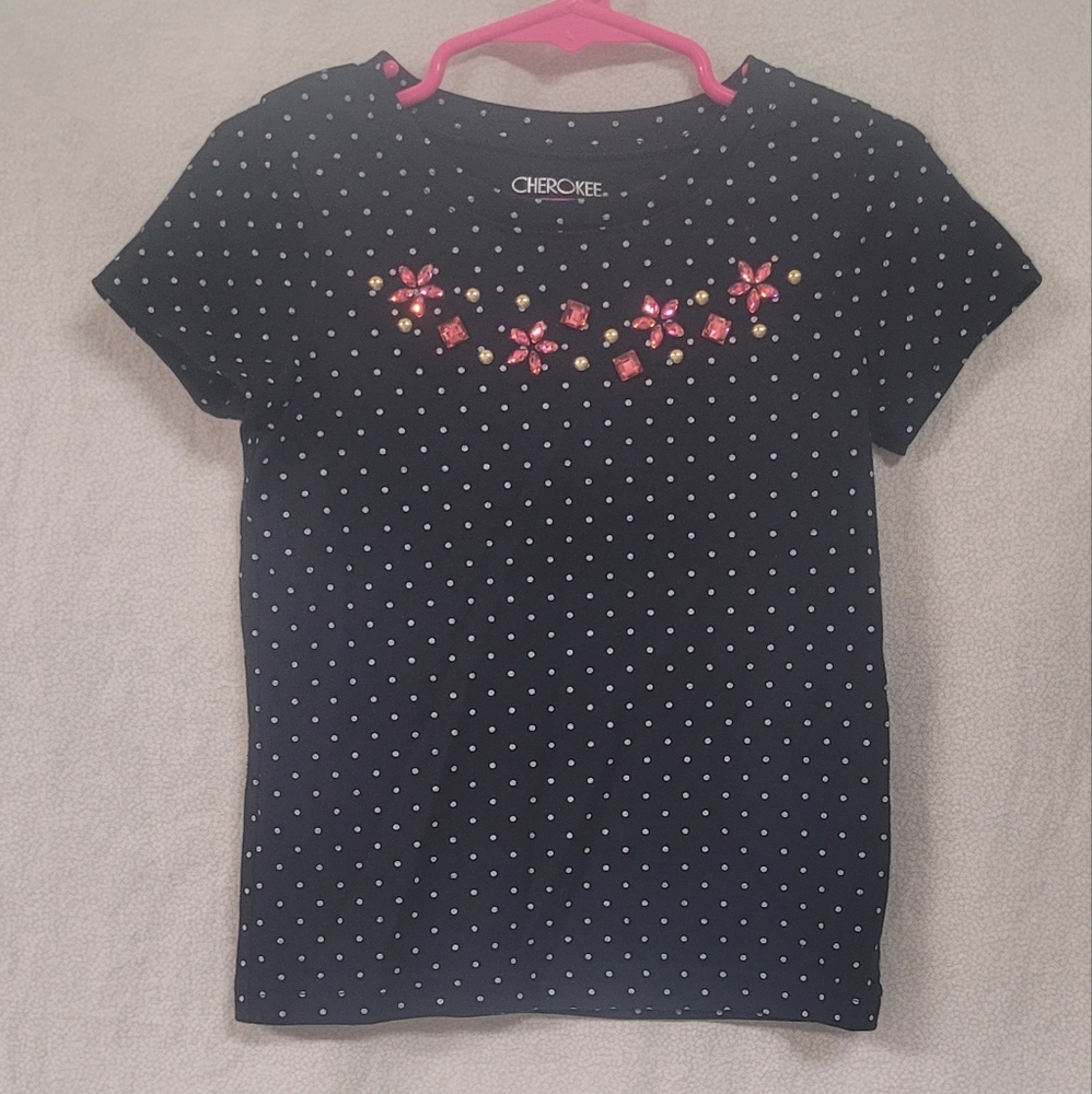 Cherokee Top Size 4-5 Black w/white polka dots & gem details- Short Sleeve Bling